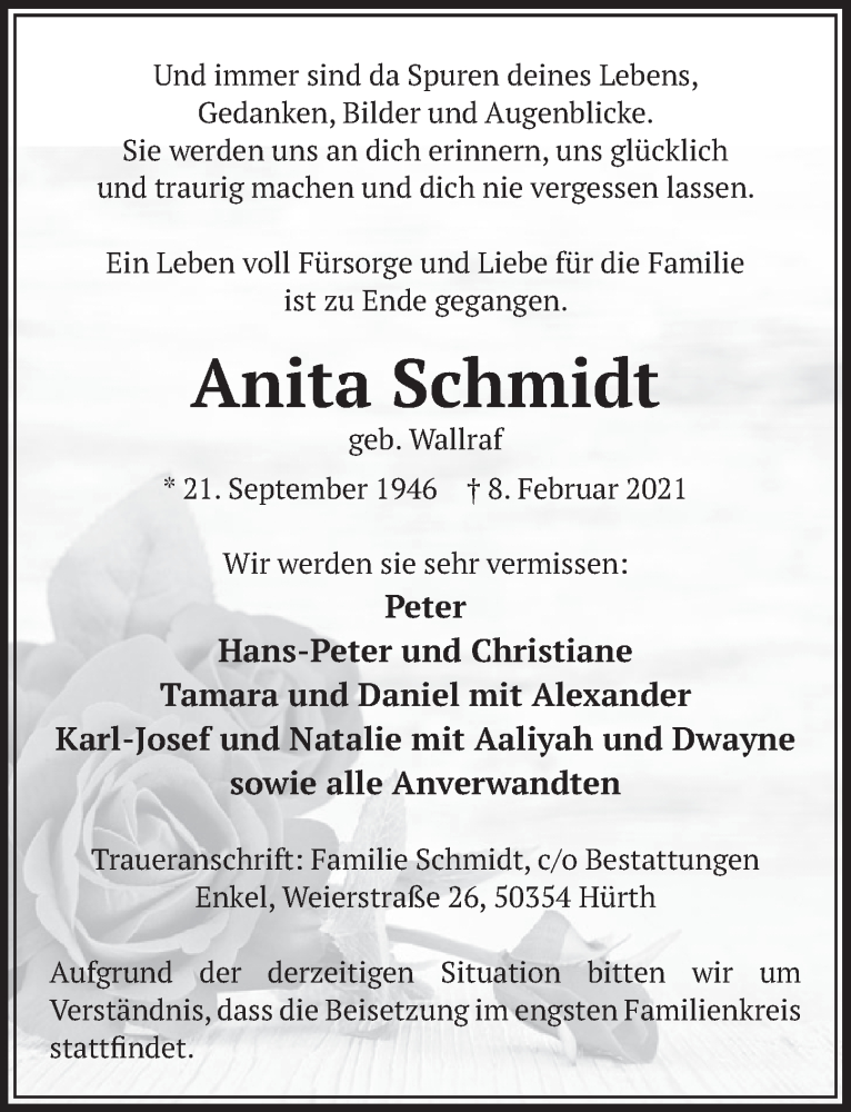 Traueranzeige für Anita Schmidt vom 12.02.2021 aus  Wochenende 