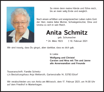 Anzeige von Anita Schmitz von Kölner Stadt-Anzeiger / Kölnische Rundschau / Express