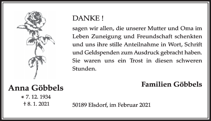  Traueranzeige für Anna Göbbels vom 12.02.2021 aus  Werbepost 