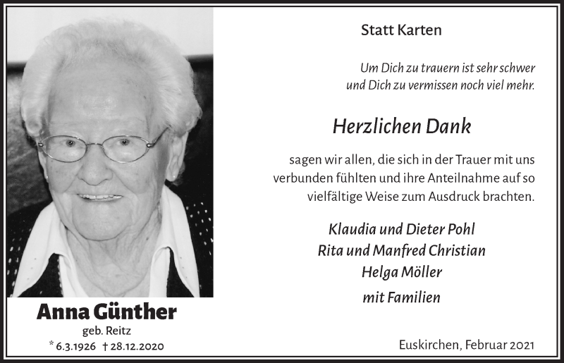  Traueranzeige für Anna Günther vom 20.02.2021 aus  Blickpunkt Euskirchen 