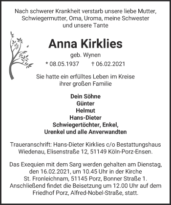 Anzeige von Anna Kirklies von  Kölner Wochenspiegel 