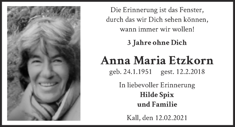  Traueranzeige für Anna Maria Etzkorn vom 12.02.2021 aus  Kölner Wochenspiegel 