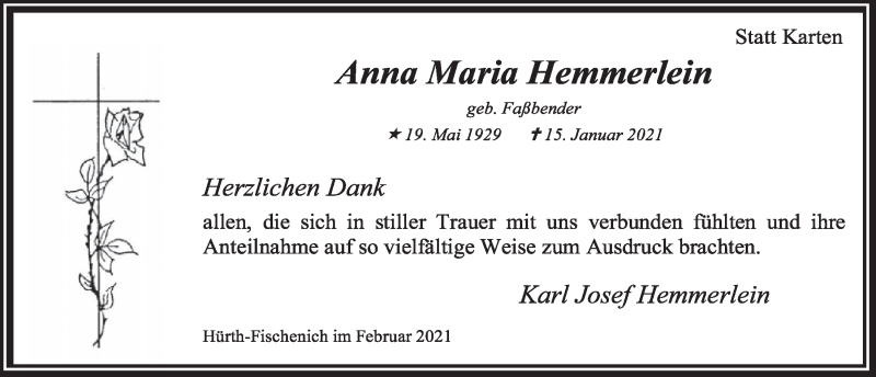  Traueranzeige für Anna Maria Hemmerlein vom 12.02.2021 aus  Wochenende 