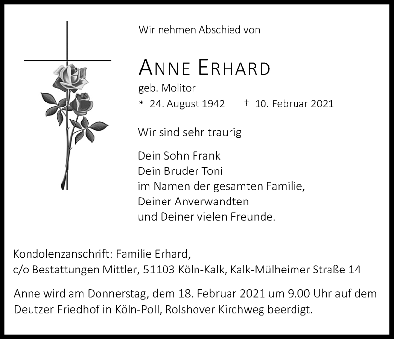  Traueranzeige für Anne Erhard vom 13.02.2021 aus Kölner Stadt-Anzeiger / Kölnische Rundschau / Express
