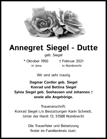 Anzeige von Annegret Siegel-Dutte von Kölner Stadt-Anzeiger / Kölnische Rundschau / Express