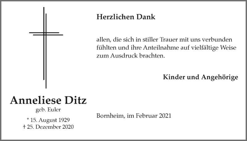  Traueranzeige für Anneliese Ditz vom 19.02.2021 aus  Schaufenster/Blickpunkt 