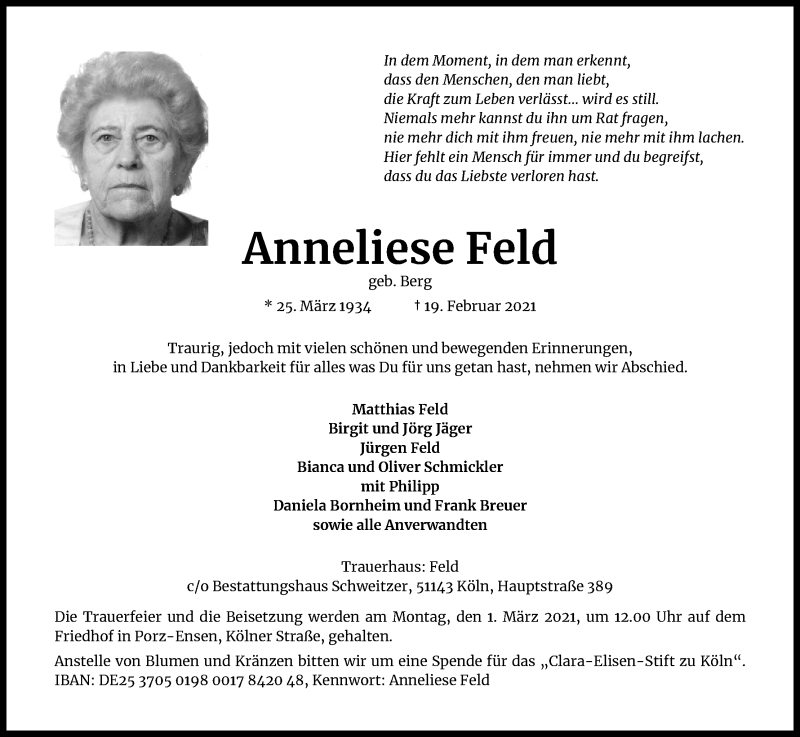  Traueranzeige für Anneliese Feld vom 23.02.2021 aus Kölner Stadt-Anzeiger / Kölnische Rundschau / Express