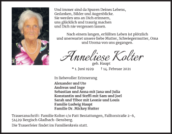 Anzeige von Anneliese Kolter von Kölner Stadt-Anzeiger / Kölnische Rundschau / Express