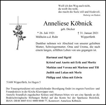 Anzeige von Anneliese Köbnick von Kölner Stadt-Anzeiger / Kölnische Rundschau / Express