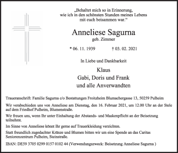 Anzeige von Anneliese Sagurna von  Wochenende 