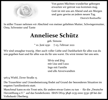 Anzeige von Anneliese Schütz von Kölner Stadt-Anzeiger / Kölnische Rundschau / Express