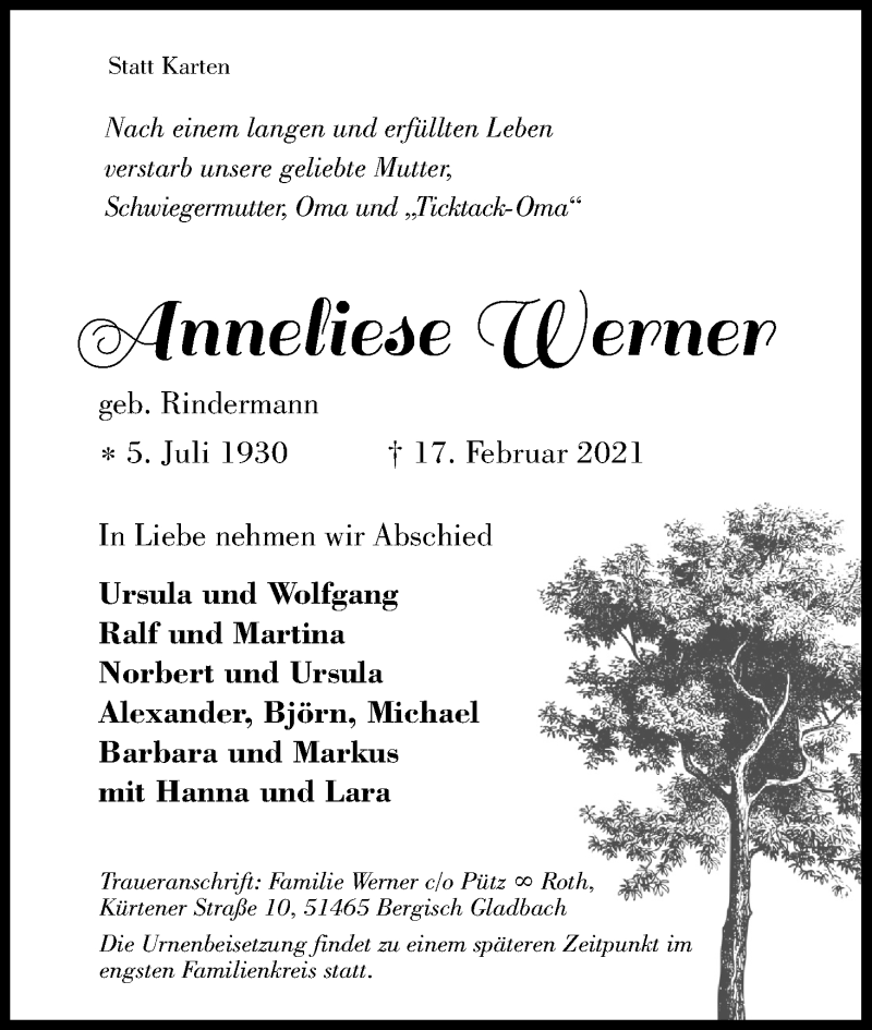  Traueranzeige für Anneliese Werner vom 27.02.2021 aus Kölner Stadt-Anzeiger / Kölnische Rundschau / Express