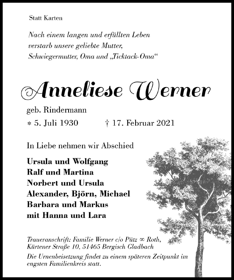 Traueranzeige für Anneliese Werner vom 26.02.2021 aus  Bergisches Handelsblatt 