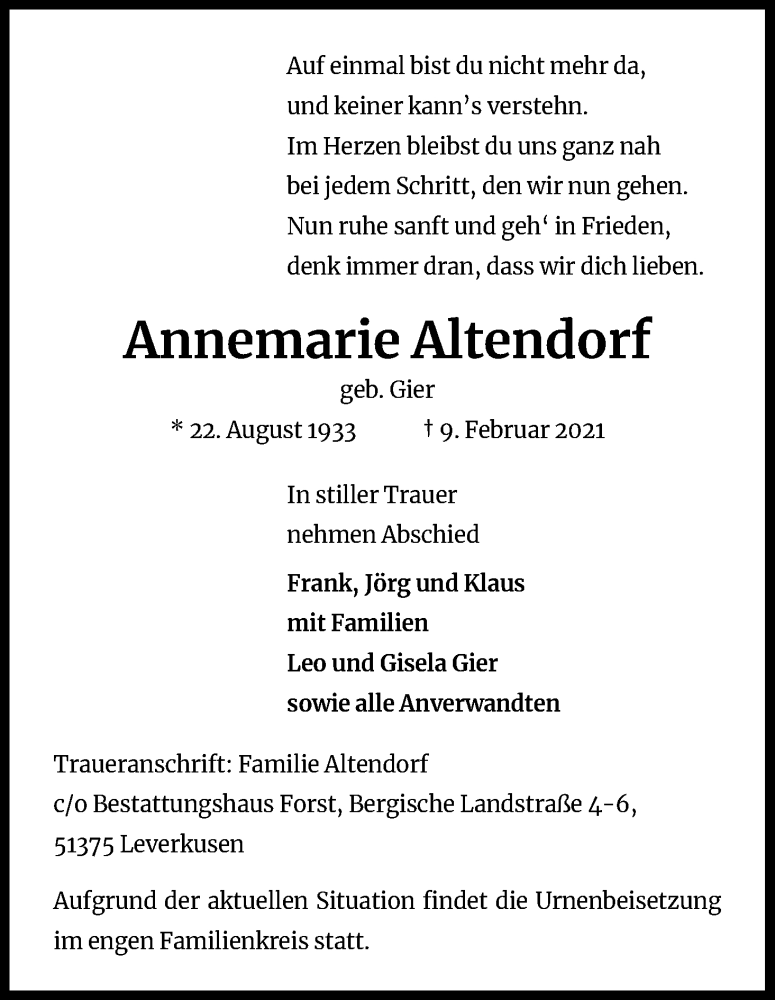  Traueranzeige für Annemarie Altendorf vom 20.02.2021 aus Kölner Stadt-Anzeiger / Kölnische Rundschau / Express