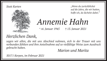 Anzeige von Annemie Hahn von  Werbepost 
