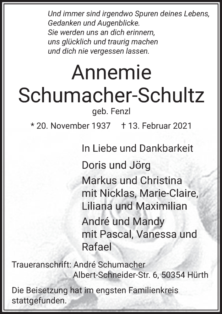  Traueranzeige für Annemie Schumacher-Schultz vom 26.02.2021 aus  Schlossbote/Werbekurier 