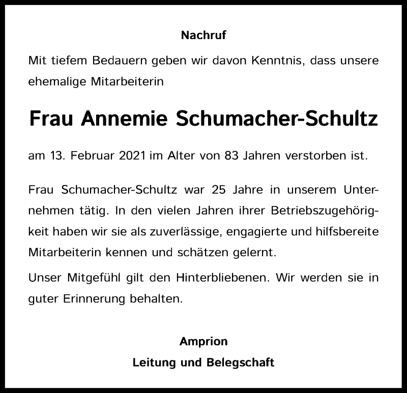  Traueranzeige für Annemie Schumacher-Schultz vom 25.02.2021 aus Kölner Stadt-Anzeiger / Kölnische Rundschau / Express