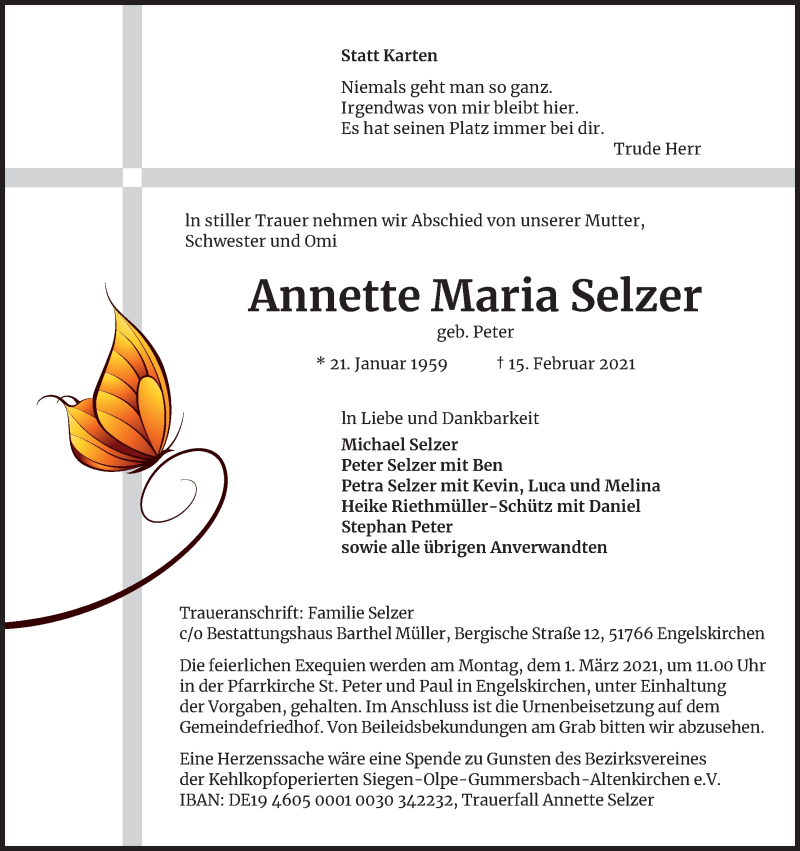  Traueranzeige für Annette Maria Selzer vom 27.02.2021 aus Kölner Stadt-Anzeiger / Kölnische Rundschau / Express