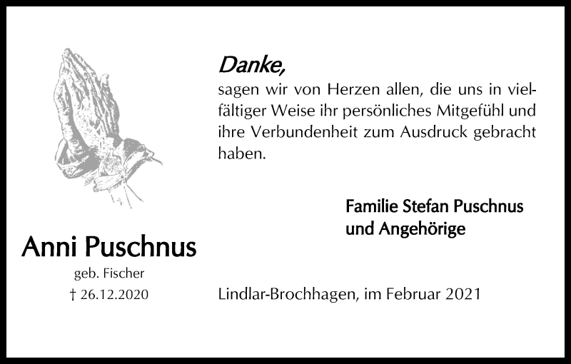  Traueranzeige für Anni Puschnus vom 06.02.2021 aus Kölner Stadt-Anzeiger / Kölnische Rundschau / Express