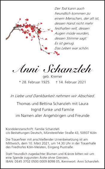 Anzeige von Anni Schanzleh von Kölner Stadt-Anzeiger / Kölnische Rundschau / Express