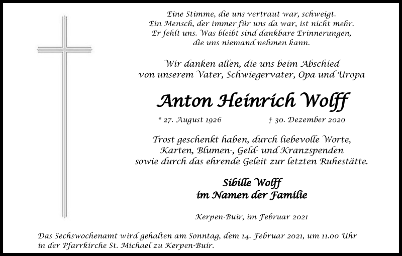  Traueranzeige für Anton Heinrich Wolff vom 06.02.2021 aus Kölner Stadt-Anzeiger / Kölnische Rundschau / Express