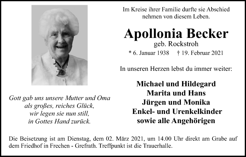  Traueranzeige für Apollonia Becker vom 24.02.2021 aus Kölner Stadt-Anzeiger / Kölnische Rundschau / Express