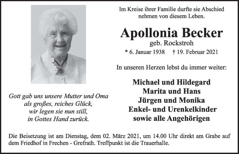  Traueranzeige für Apollonia Becker vom 26.02.2021 aus  Wochenende 