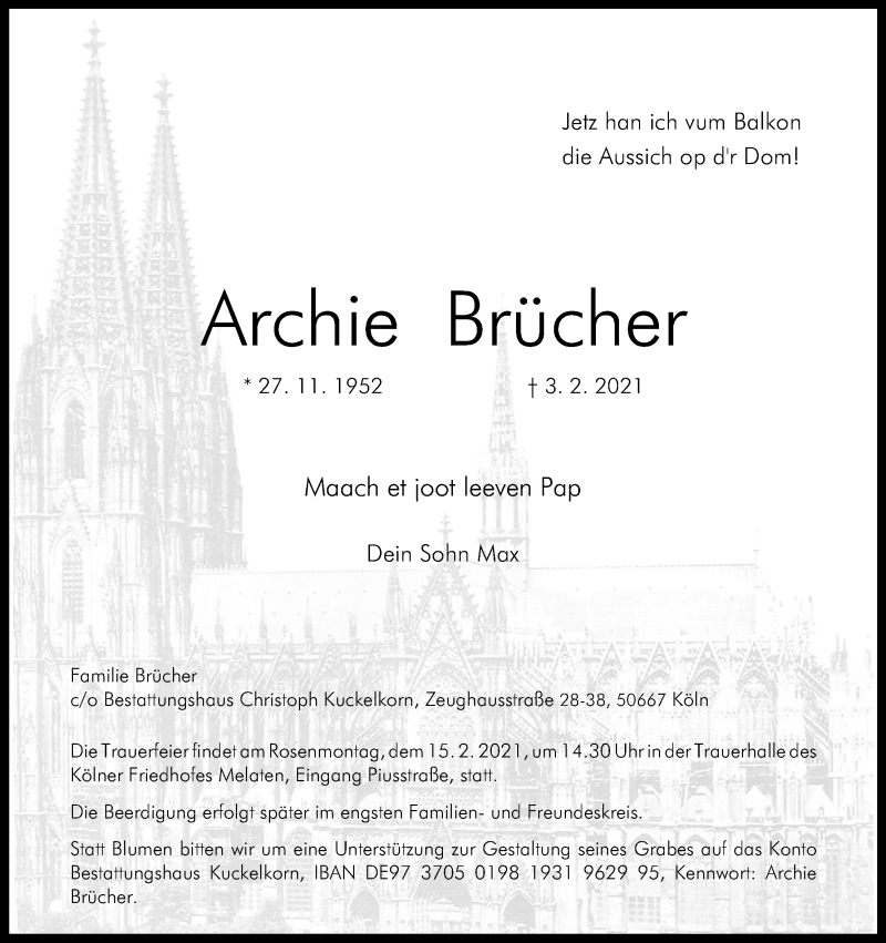  Traueranzeige für Archie Brücher vom 10.02.2021 aus Kölner Stadt-Anzeiger / Kölnische Rundschau / Express