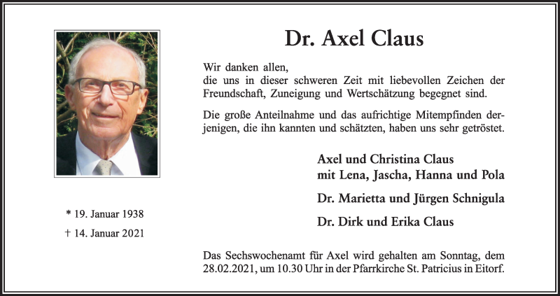  Traueranzeige für Axel Claus vom 13.02.2021 aus Kölner Stadt-Anzeiger / Kölnische Rundschau / Express