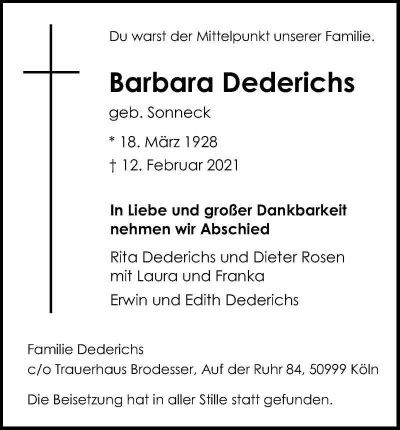  Traueranzeige für Barbara Dederichs vom 27.02.2021 aus Kölner Stadt-Anzeiger / Kölnische Rundschau / Express