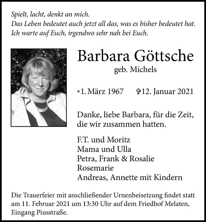  Traueranzeige für Barbara Göttsche vom 06.02.2021 aus Kölner Stadt-Anzeiger / Kölnische Rundschau / Express