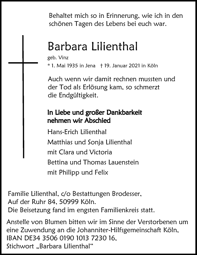  Traueranzeige für Barbara Lilienthal vom 06.02.2021 aus Kölner Stadt-Anzeiger / Kölnische Rundschau / Express
