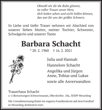 Anzeige von Barbara Schacht von  Schlossbote/Werbekurier 