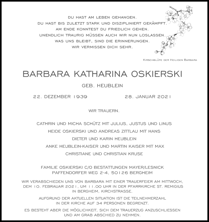  Traueranzeige für Barbara Katharina Oskierski vom 03.02.2021 aus Kölner Stadt-Anzeiger / Kölnische Rundschau / Express