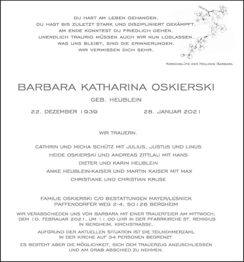 Traueranzeige für Barbara Katharina Oskierski vom 05.02.2021 aus  Werbepost 