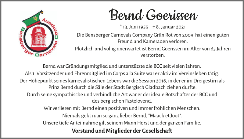  Traueranzeige für Bernd Goerissen vom 05.02.2021 aus  Bergisches Handelsblatt 