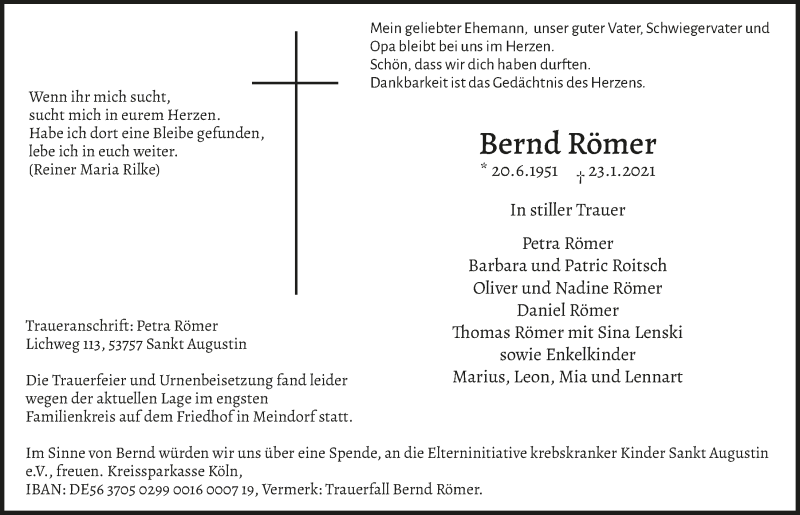  Traueranzeige für Bernd Römer vom 19.02.2021 aus  Extra Blatt 