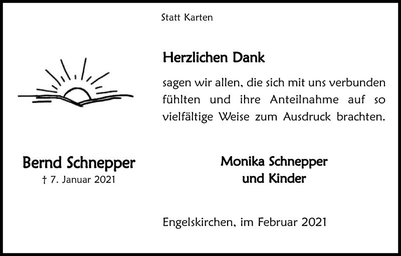  Traueranzeige für Bernd Schnepper vom 27.02.2021 aus Kölner Stadt-Anzeiger / Kölnische Rundschau / Express