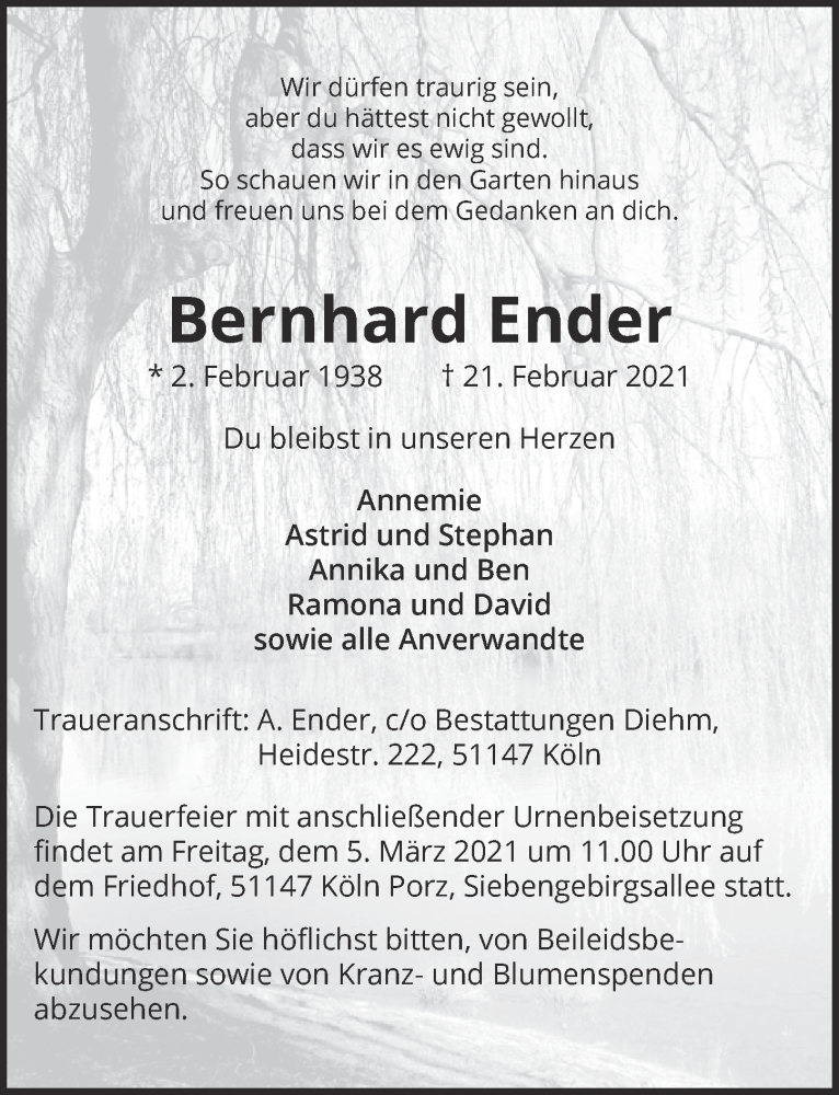  Traueranzeige für Bernhard Ender vom 26.02.2021 aus  Kölner Wochenspiegel 