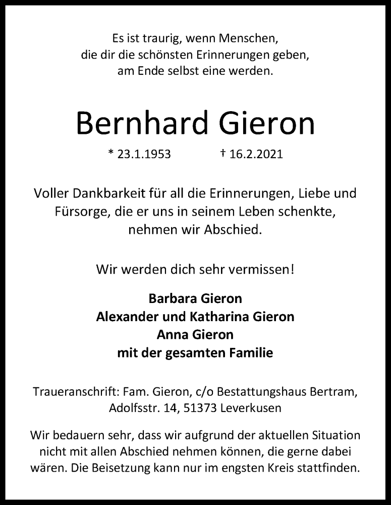  Traueranzeige für Bernhard Gieron vom 27.02.2021 aus Kölner Stadt-Anzeiger / Kölnische Rundschau / Express