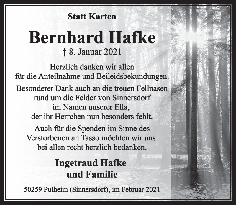  Traueranzeige für Bernhard Hafke vom 12.02.2021 aus  Wochenende 