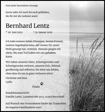 Anzeige von Bernhard Lentz von Kölner Stadt-Anzeiger / Kölnische Rundschau / Express
