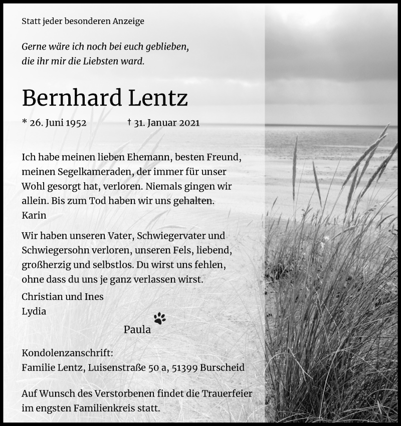  Traueranzeige für Bernhard Lentz vom 06.02.2021 aus Kölner Stadt-Anzeiger / Kölnische Rundschau / Express