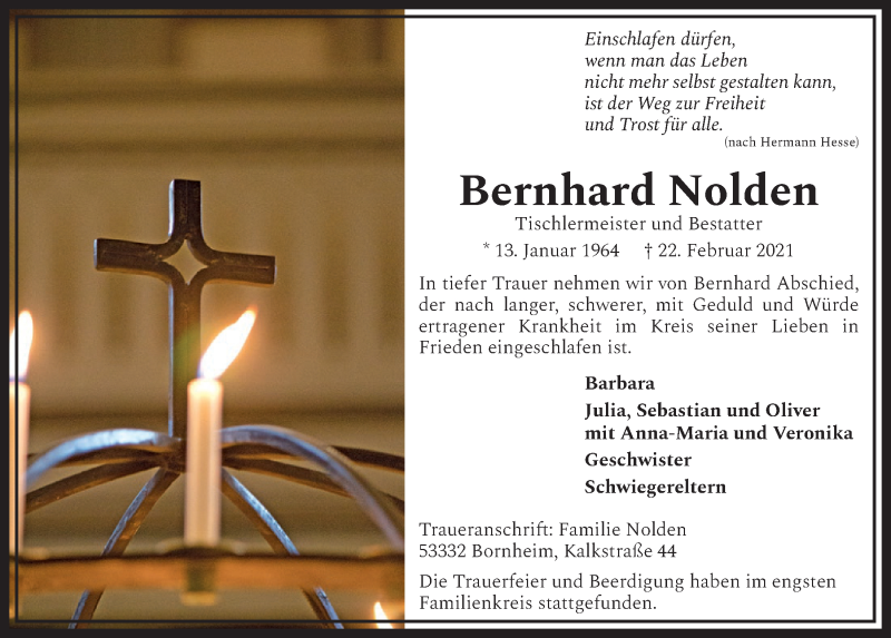  Traueranzeige für Bernhard Nolden vom 26.02.2021 aus  Schaufenster/Blickpunkt 