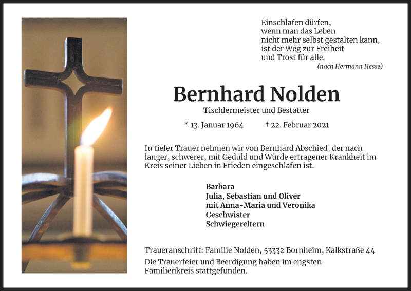  Traueranzeige für Bernhard Nolden vom 27.02.2021 aus Kölner Stadt-Anzeiger / Kölnische Rundschau / Express
