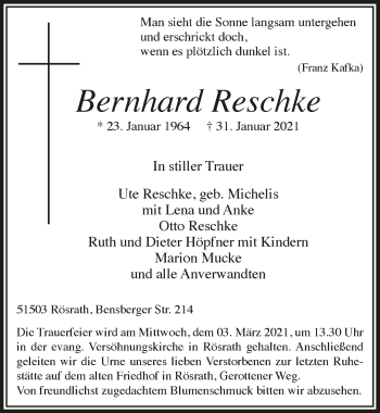 Anzeige von Bernhard Reschke von  Bergisches Handelsblatt 
