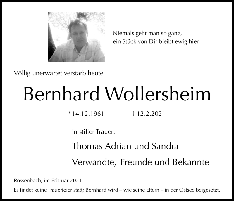  Traueranzeige für Bernhard Wollersheim vom 19.02.2021 aus  Lokalanzeiger 