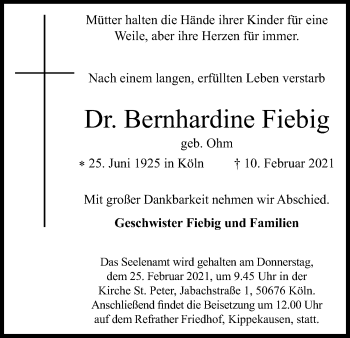 Anzeige von Bernhardine Fiebig von Kölner Stadt-Anzeiger / Kölnische Rundschau / Express