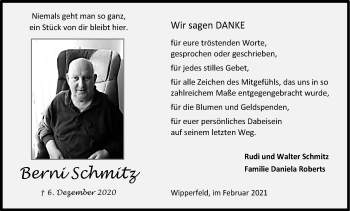 Anzeige von Berni Schmitz von Kölner Stadt-Anzeiger / Kölnische Rundschau / Express