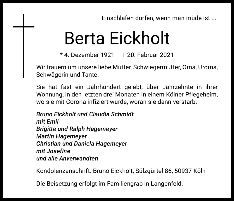  Traueranzeige für Berta Eickholt vom 24.02.2021 aus Kölner Stadt-Anzeiger / Kölnische Rundschau / Express